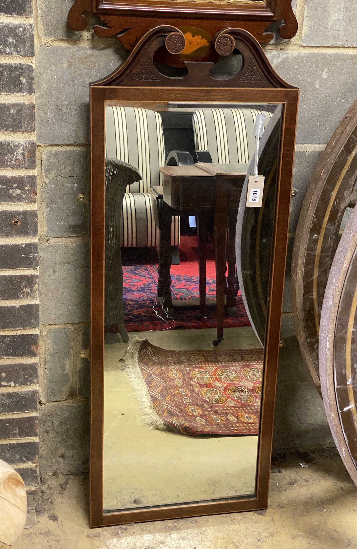 A George III style parcel gilt inlaid mahogany fret cut wall mirror, width 50cm, height 90cm together with a larger robing mirror